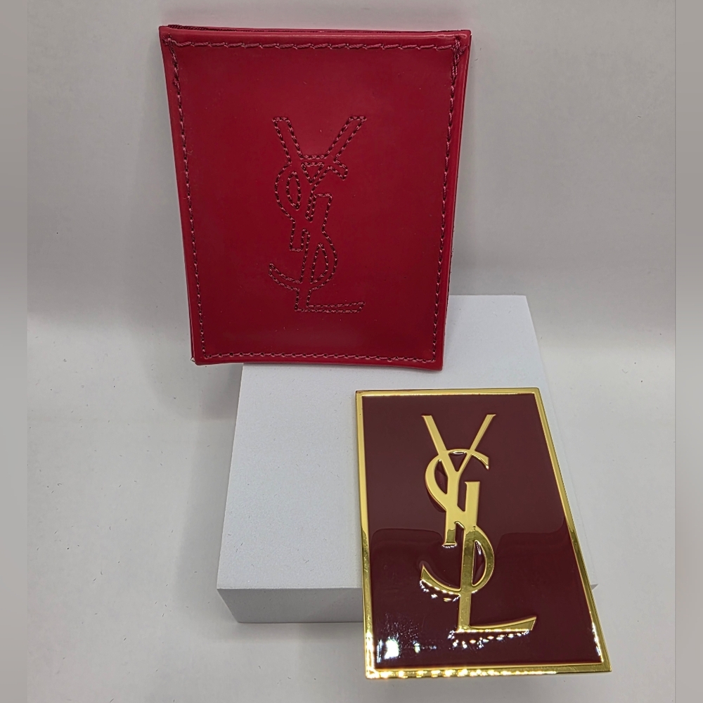 YSL Red & Gold Pocket Mirror w/ Embroidered Vegan Leather Case NWT GWP